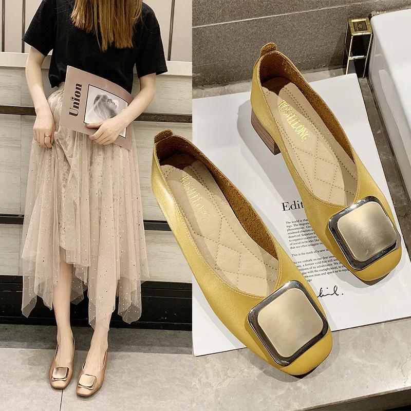 

2019 Summer New Style Square Buckle Semi-high Heeled Women's Slip-on Soft Surface Shoes Extra High Anti-slip Fashion Shoes Loafe