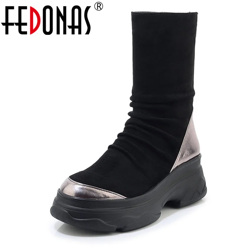 

FEDONAS Female Platforms Shoes Women Mid-calf Boots Winter Sports Casual Shoes Woman Round Toe Zipper Hiigh Heels Socks Boots