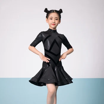 

New Girls Sequin Satin Latin Dance Dresses Children's Ballroom Samba Performance Costume Kids Stage Dance Practice Wear DWY4053