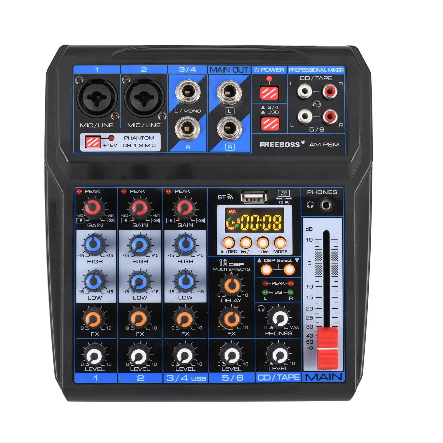 Freeboss AM-PSM DC 5V USB Play and Record Bluetooth Computer Record and play 6 Channel Sound card 16 DSP Effects Audio Mixer