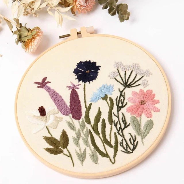 DIY Stamped Embroidery Kit European Style Flowers Plants pattern with  Embroidery Hoop Floss Threads Needles for Beginners