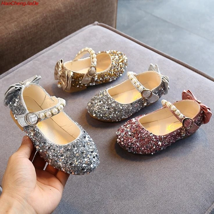 Kids School Shoes Baby Girls Princess Sequin Little Girls Party Flat Leather Shoes Children Wedding Shoes 1-10