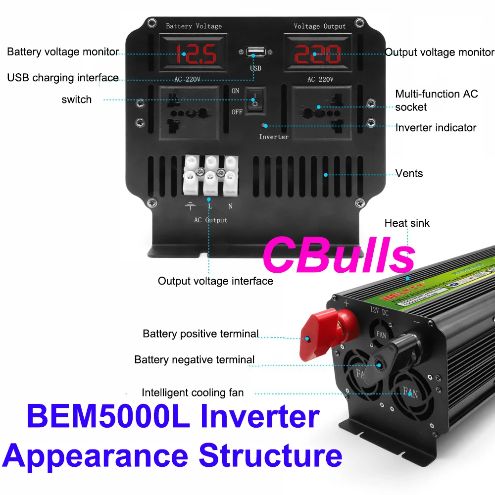 

BEM5000L Inverter Rated High Power 5000W Peak Power 10000W DC12V to AC220V 50Hz Solar Energy Home Office Backup Power Conversion
