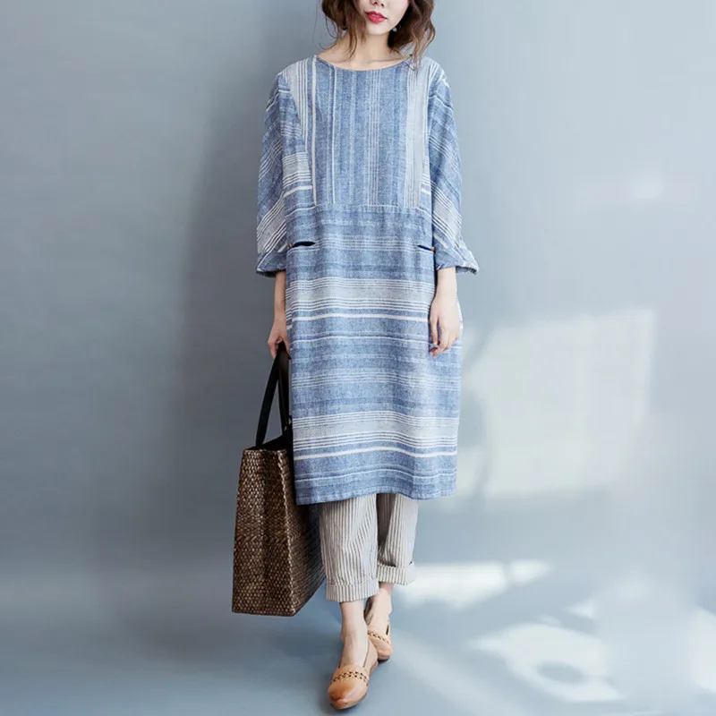 

Johnature 2019 New Korean Loose Stripe Long Back Button Women Blouses Autumn Casual Three Quarter Sleeve Stright Female Shirts