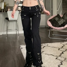 

Sunny y.j.Streetwear Punk Cargo Jeans Dark Academia Zip Patchwork Low Waist Goth Black Jeans Grunge Fairycore Boyfriend Baggy