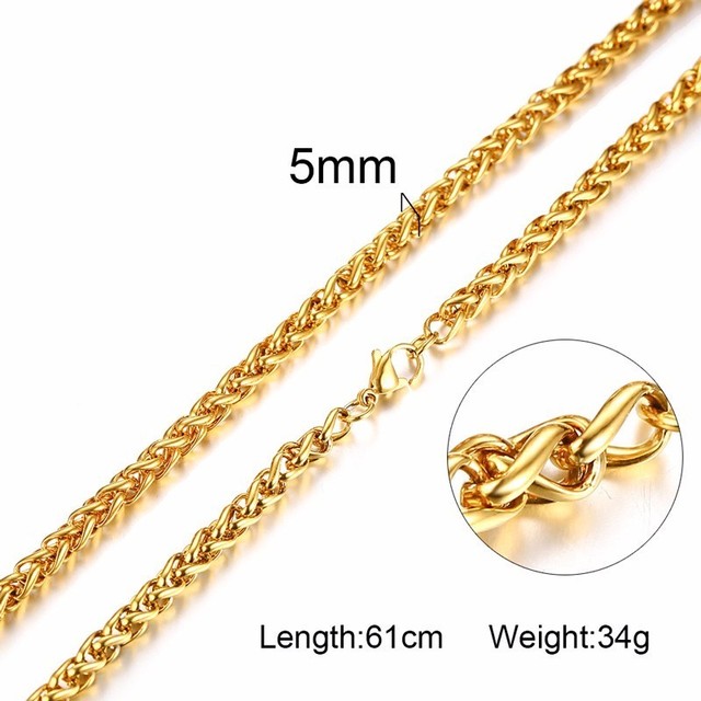 Wide Men Stainless Steel Wheat Spiga Franco Chain Necklace in Gold Tone Male Jewelry 24 Inch