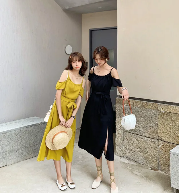 

Best Friend-2019 Spring And Summer INS Hong Kong Style Scheming Holiday Camisole Exposed Shoulder Skirt Backless Slit Dress