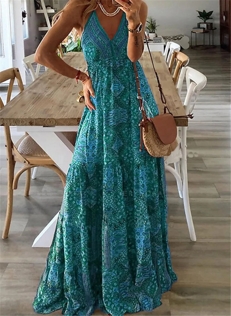 Boho Backless Sexy Sling Fashion Print V-Neck Maxi Dress