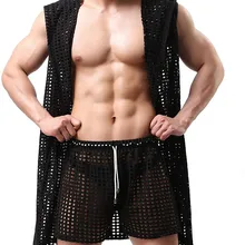 Сексуальные халаты без рукавов с капюшоном, банные халаты, Сетчатое прозрачное белье, пижамы, пижамы и ажурные трусы-боксеры с завязками