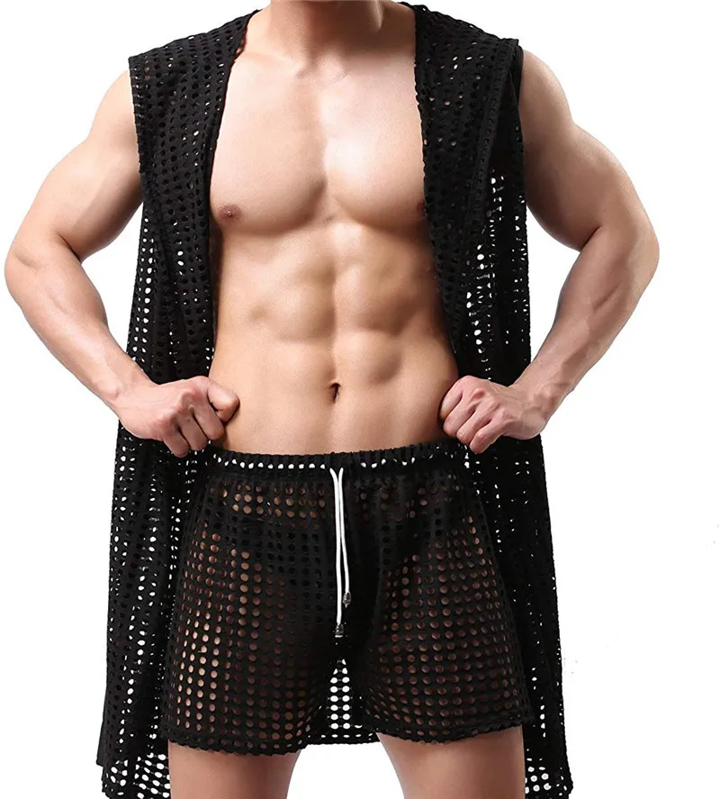 

Sexy Hooded Sleeveless Robes Bathrobes Mesh See-Through Lingerie Sleepwear Pajamas And Hollow Openwork Drawstring Boxer Shorts