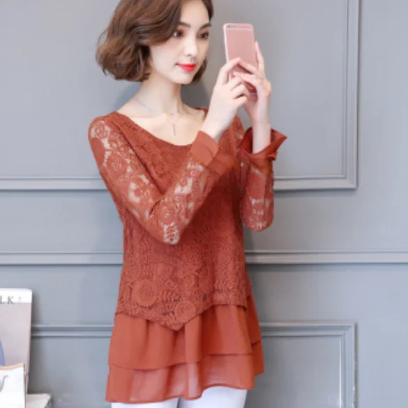 M-5xl, кружевные длинные блузы Mujer, женские, плюс размер, с оборками, в стиле пэчворк, полые Блузки, весна-осень, свободные пуловеры, топы DG163