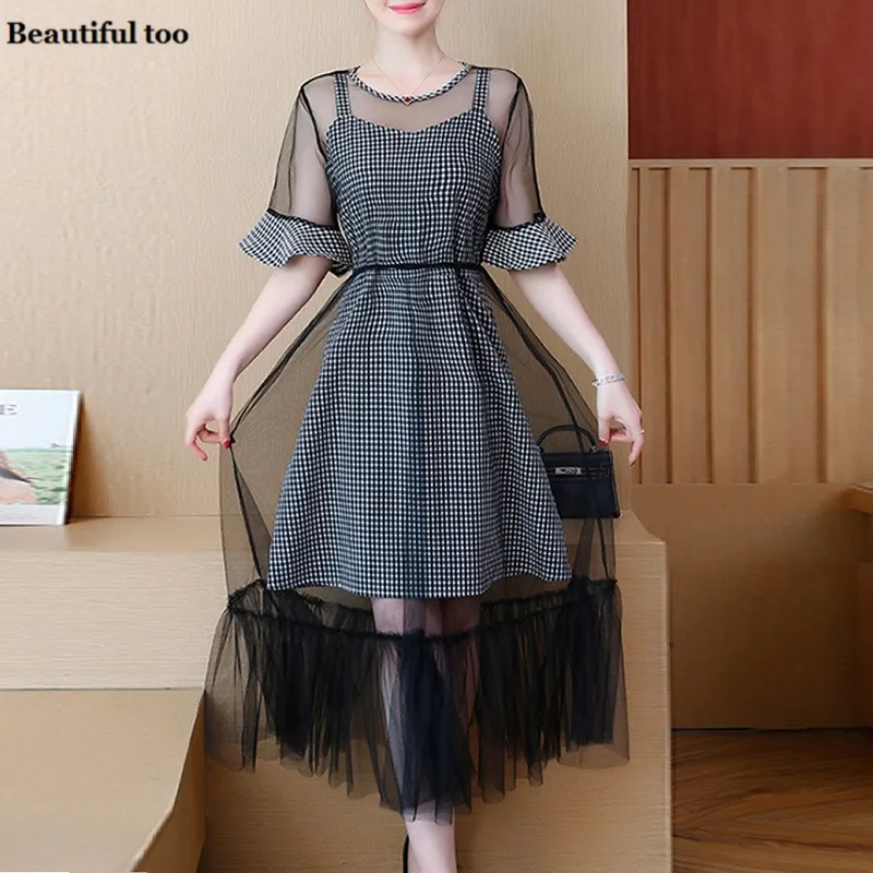 

Set 2PCS Women Casual Dress Long Plus Size Short Sleeve Mesh Cover With Slip Vintage Elegant Dresses Lady Party Loose Clothes
