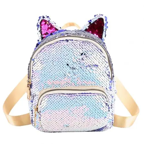 Блестящий рюкзак для девочек с блестками и ушками на молнии, мини-школьная сумка, дорожная сумка - Цвет: Light Blue