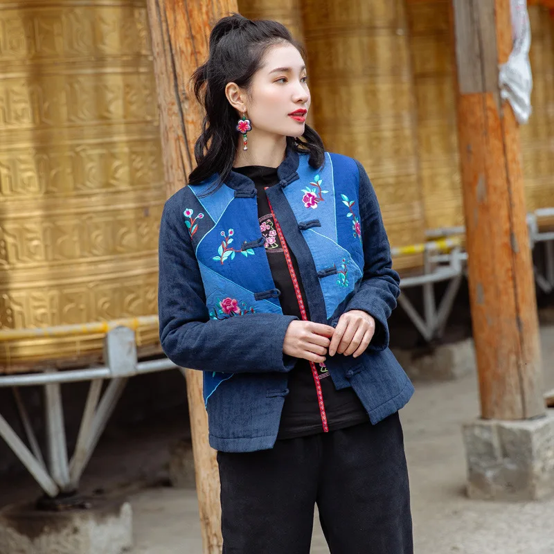 Женская зимняя куртка в китайском стиле с вышивкой в старинном стиле hanfu, хлопковая стеганая куртка
