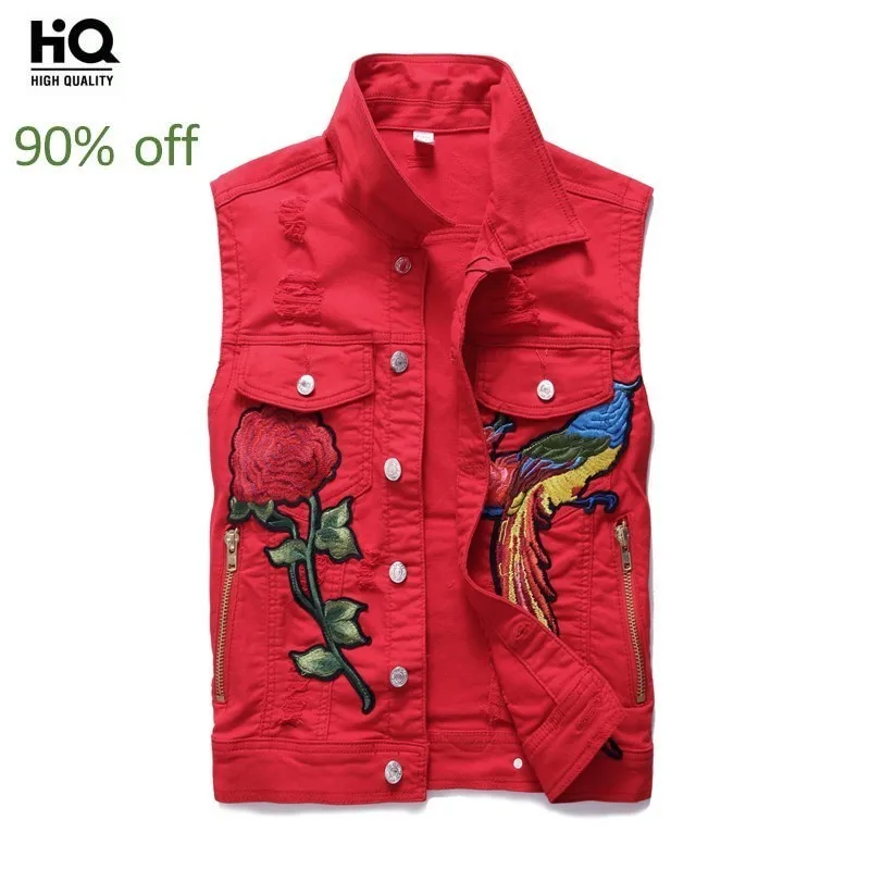 

Mens Vests 2020 Summer Korean Fashion Slim Fit Sleeveless Male Waistcoats Embroidery Floral Turn-Down Collar Cowboy Red Vest Man