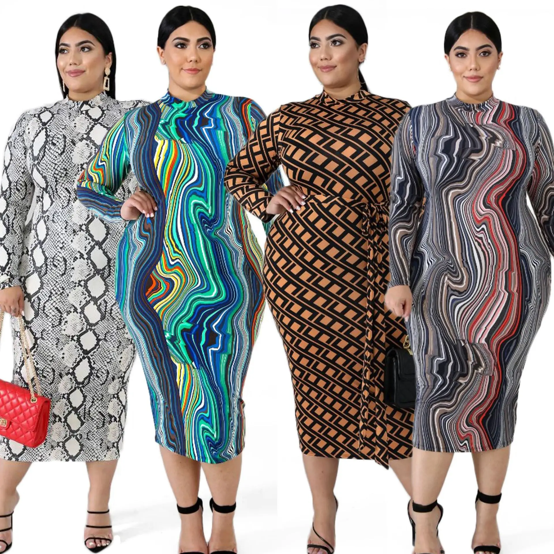 

Plus Size 2XL-6XL Women One Step Fitting Dress Print Long Sleeve Skinny One piece Casual Big Tshirt Clothing Wholesale OL Skirt