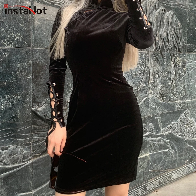 

InstaHot Black Gothic Lace Up Dress Cheongsam Mandarin Collar Darkness Long Sleeve Velvet Slim Chinese Qipao Autumn Party Dress
