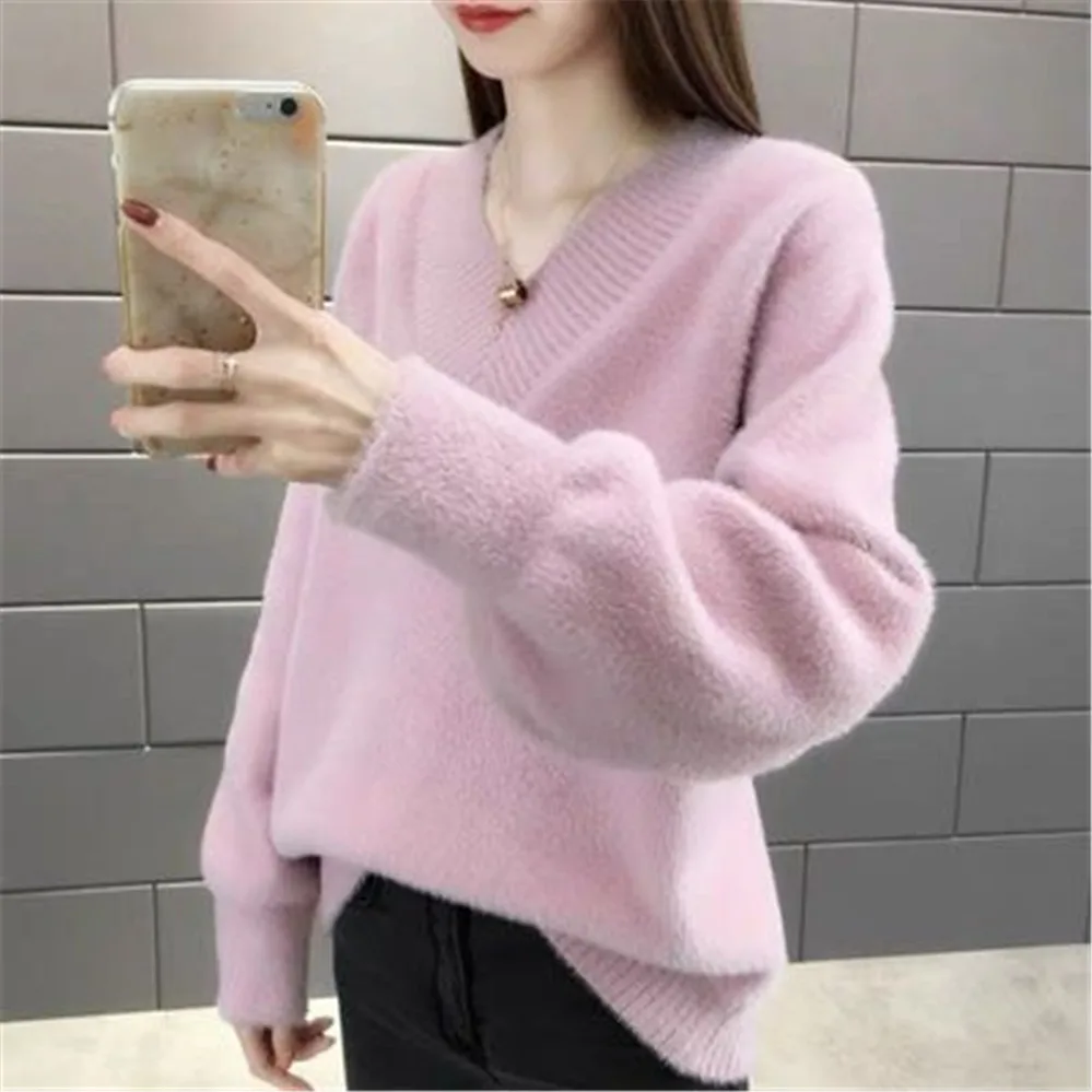 sweaters women winter v-neck thick pullovers fake-mink cashmere womens elegant slim trendy all-match korean-style casual ZY5129 | Женская