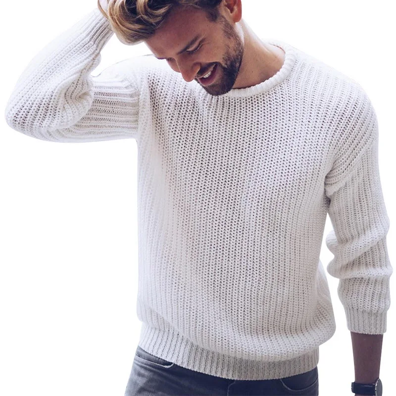 MJARTORIA, Новинка осени, повседневный Однотонный свитер с круглым вырезом, Мужской пуловер, свитера, джемпер для мужчин, вязаная одежда в Корейском стиле - Цвет: White