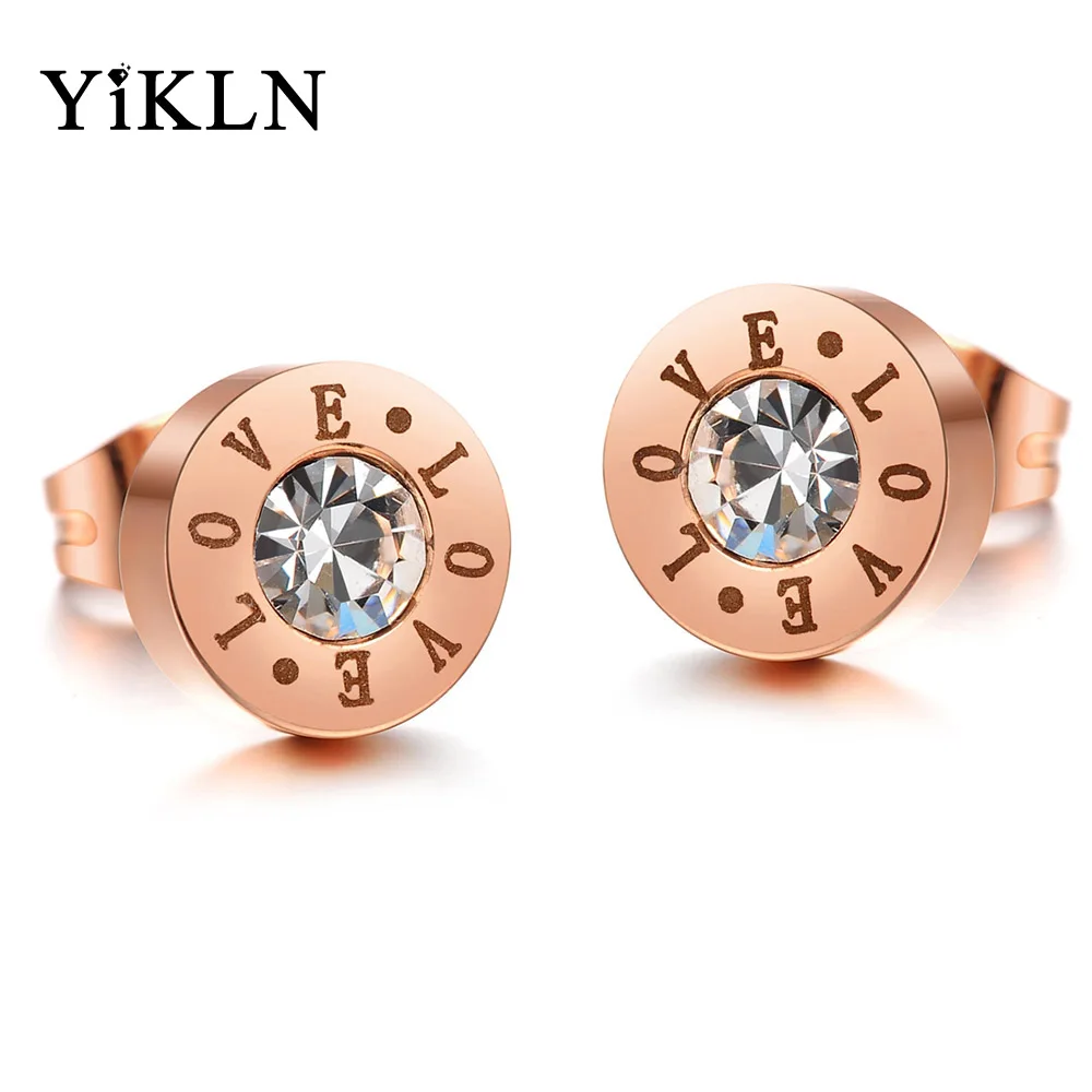 

YiKLN Stainless Steel Cubic Zirconia Stud Earrings Jewelry For Women Romantic LOVE Rose Gold Color Lover Earrings YOGE264