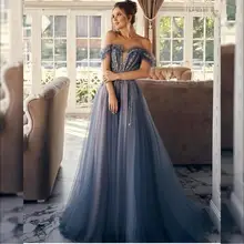 

Off The Shoulder Tulle Evening Dresses Gray A-Line 2021 Appliques Beads Prom Party Gown For Women Floor Lenght Custom Made