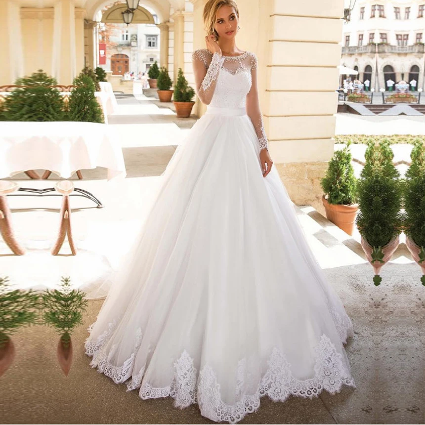 Vestido de Noiva свадебное платье с длинными рукавами es 2019 с аппликацией кружевные с открытой спиной свадебное платье пляжное Тюлевое свадебное