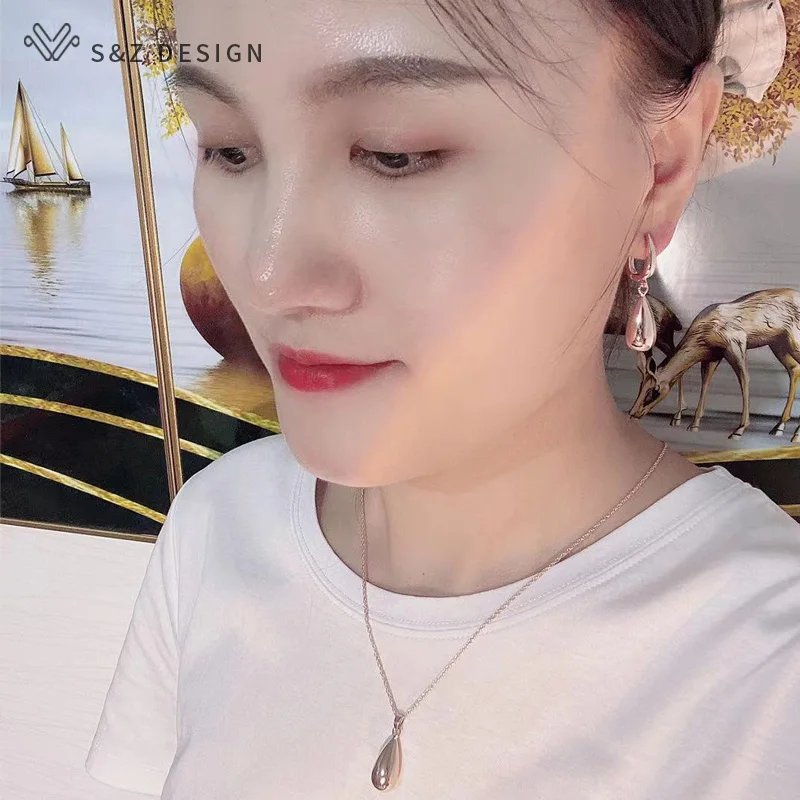 S&Z DESIGN New 585 Rose Gold Color Water Drop Metal Dangle Earrings Jewelry Sets For Women Wedding Pendant Necklace