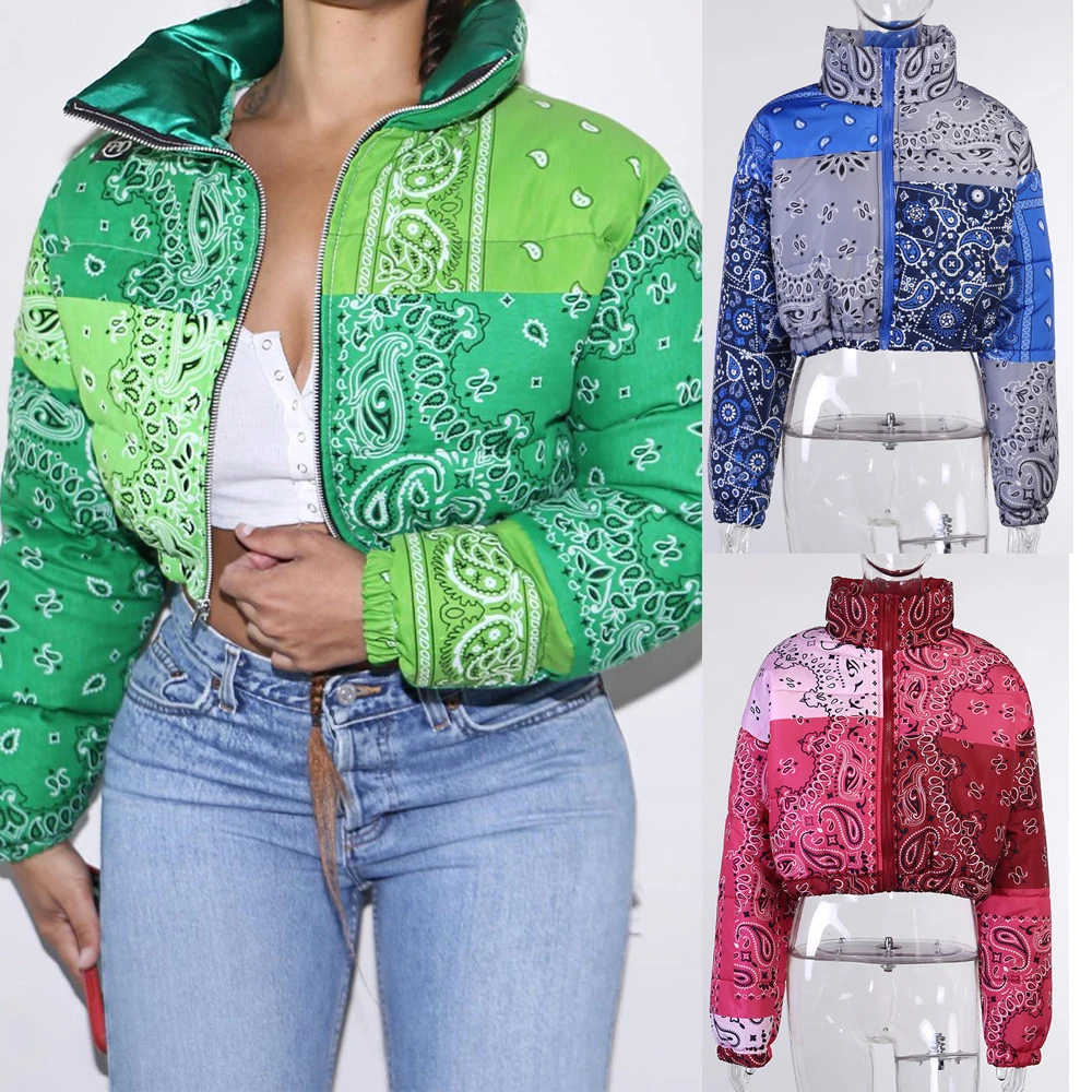 Женская укороченная куртка-пуховик с принтом бандана зимнее пальто оранжевые