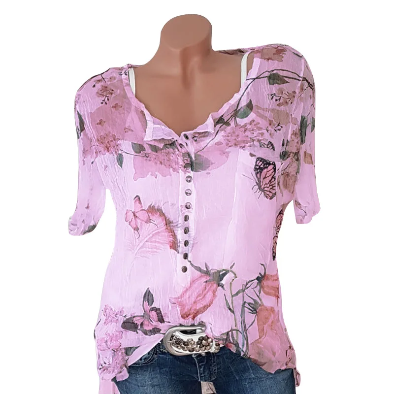5XL, модные женские блузки, короткий рукав, Цветочная блузка,, кнопка, v-образный вырез, рубашка для девушек, рабочий Топ, Blusas Feminina Elegante размера плюс - Цвет: Short Pink