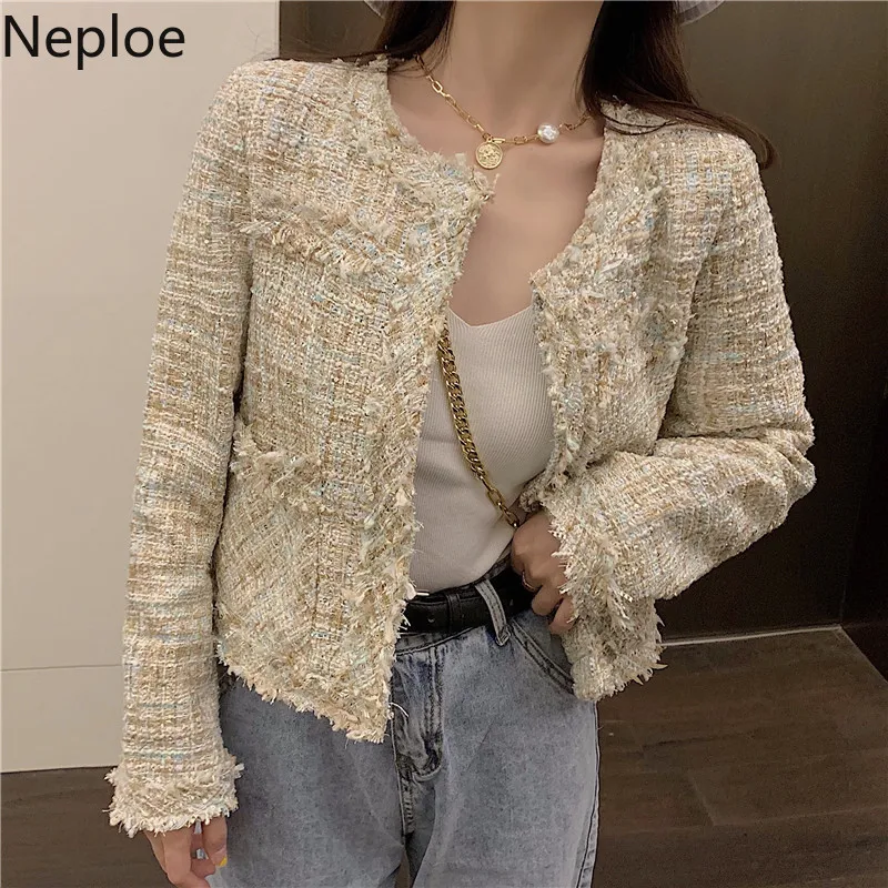 Женская куртка с О-образным вырезом Neploe Корейская короткая твидовая круглым