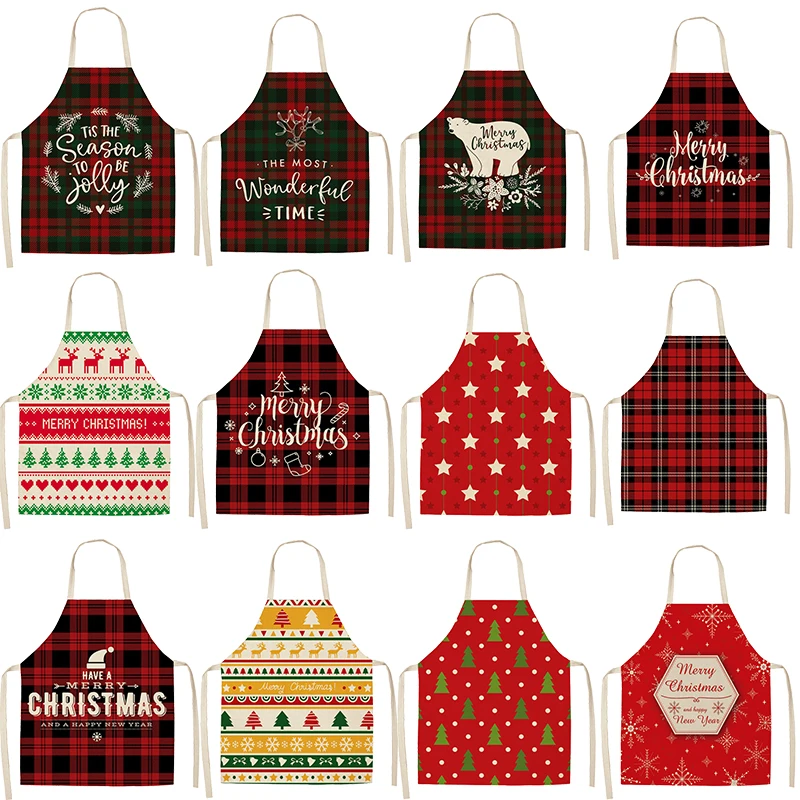 1PC Merry Christmas Apron Cute Elk Red Plaid Cotton Linen Kitchen Apron For Woman Bibs New Year Xmas Baking Cooking Accessories