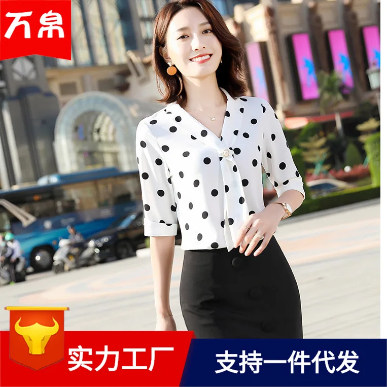 

2020 Spring New Style Polka Dot Business Shirt Women's Fashion Slim Fit Chiffon Shirt Ribbon Work Clothes