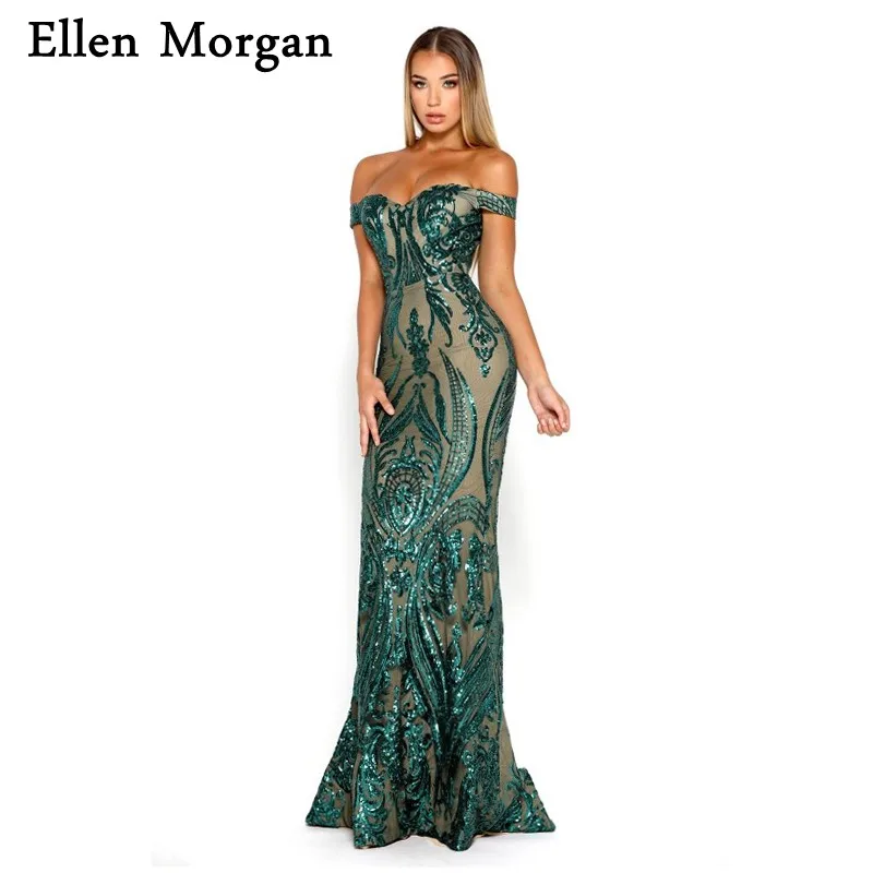 Elegant Off Shoulder Mermaid Formal Evening Gowns Sexy Sweep Train Pattern Sequined Event Long Prom Gowns for Women Wear