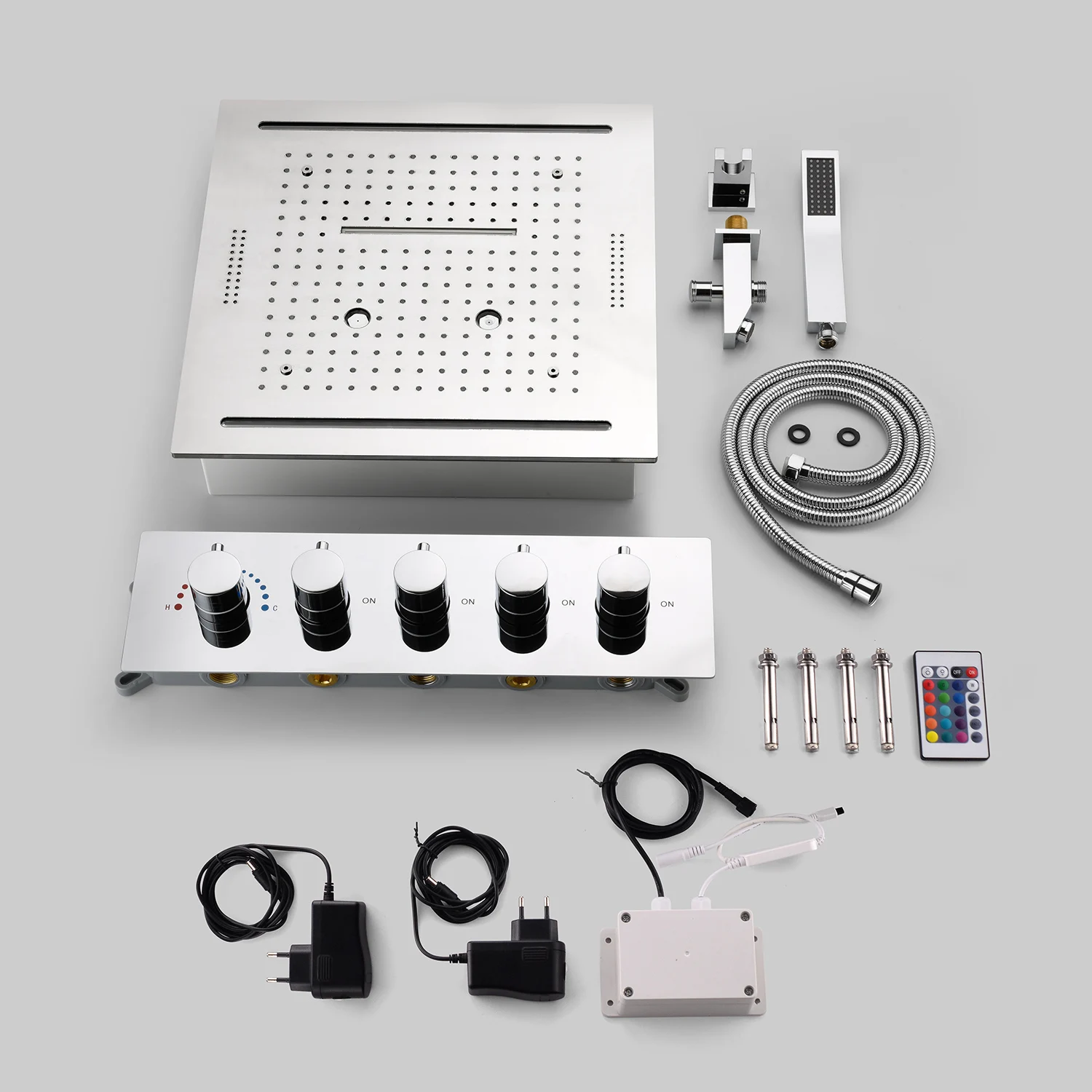 Stainles Steel 304 16inch 40cm Square Bluetooth Music LED Shower Head Panel Set Spray Rainfall Steam Thermostatic Mixer Faucet 3