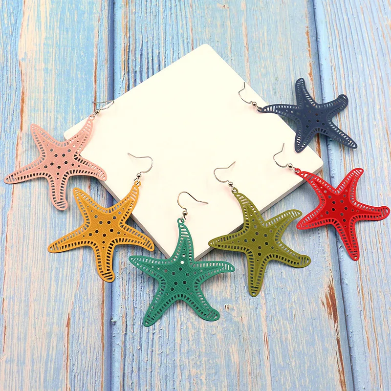 

European and American popular alloy earrings starfish hollowed round geometric candy color earrings