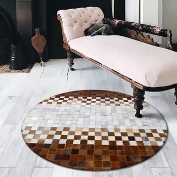 

American style luxury natural brown color cowhide patchwork rug , hand made round shaped cow skin fur carpet for living room