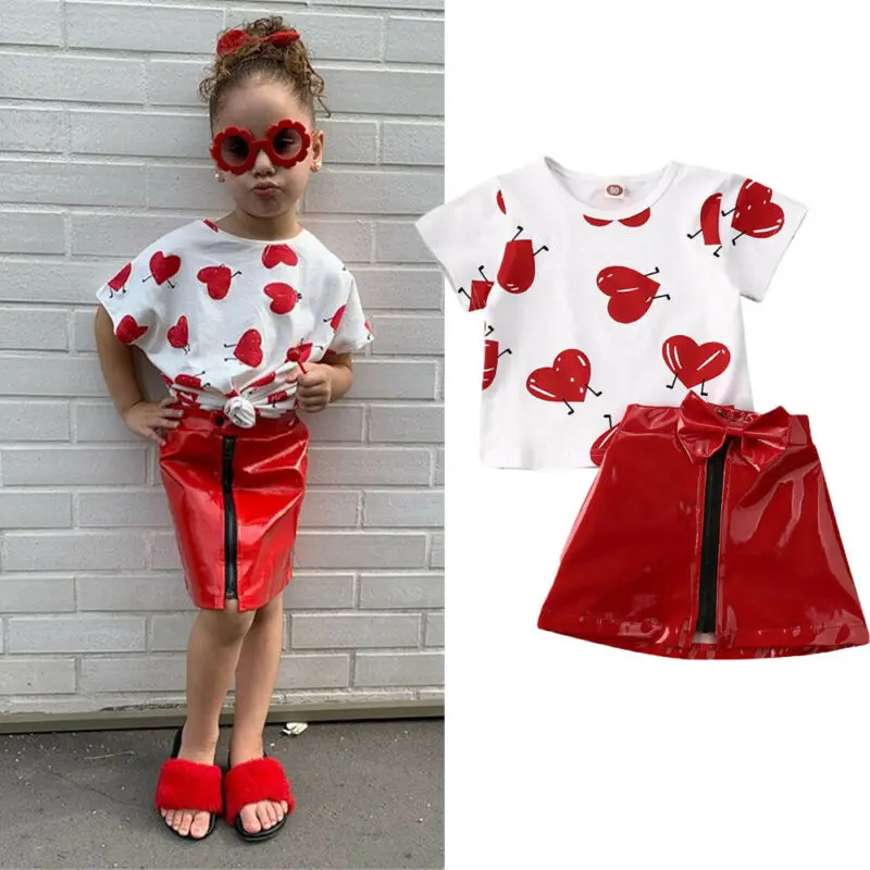 

Boutique Kid Clothes 1-5Y Toddler Kid Baby Girl Valentine Clothes Love Print Short Sleeve Top T-shirt +Leather Skirt 2pcs Outfit