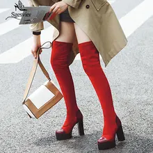 Sgesvier женские ботфорты выше колена круглый носок на платформе; зимняя женская обувь из ПУ кожи, в стиле пэчворк из флока квадратном каблуке ботинки с высоким голенищем G743