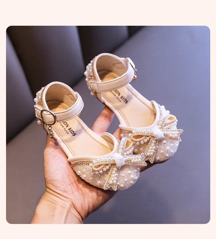 Sandal for girl Sweet Girl Princess Shoes Fashion Rhinestone Pearl Bow Baby Shoes Kids Party Children's Dance Little Girls Leather Shoes New G83 girl princess shoes