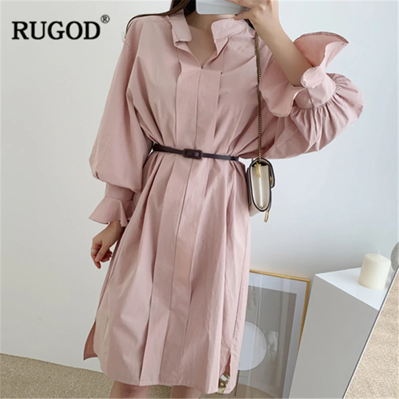 

RUGOD 2019 New Autumn Women Solid Dress Long Flare Sleeve Side Spilt Loose Straight Vestidos Korean Temperament Fashion Dress
