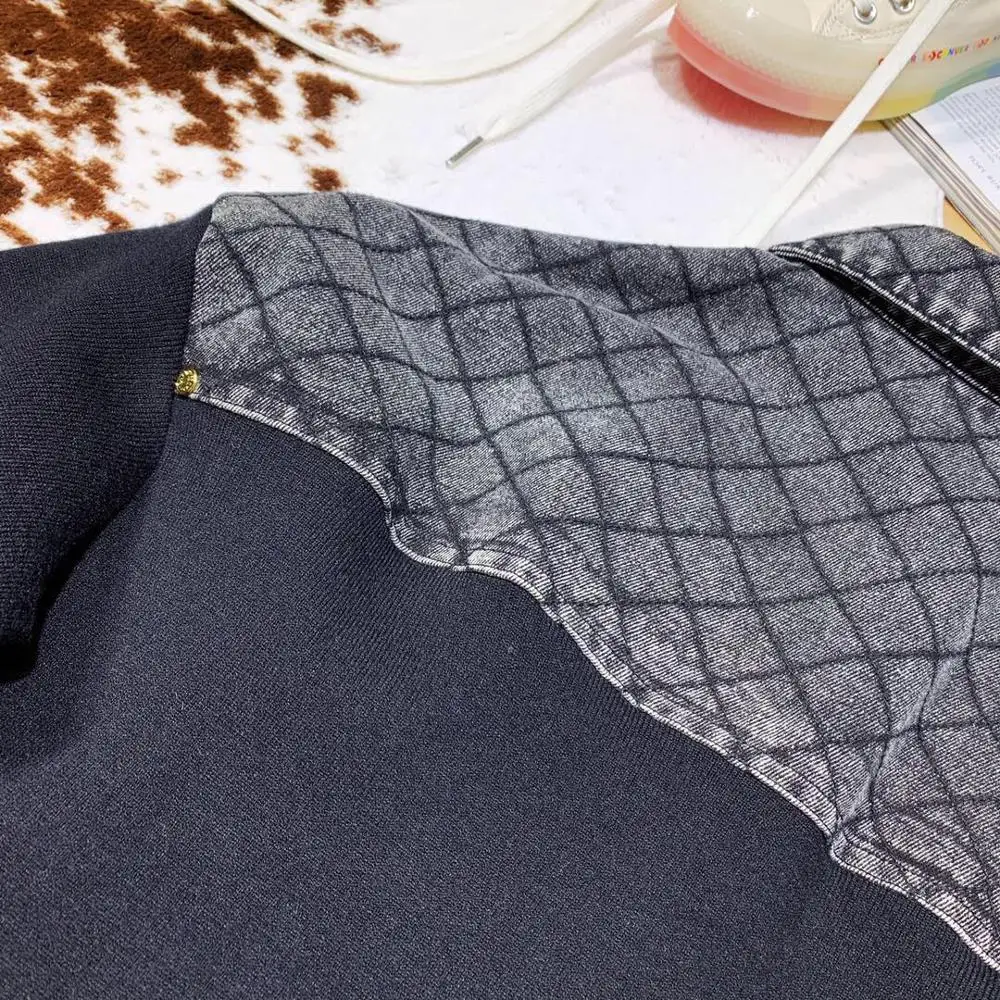 2019FW winner Новая женская трикотажная Лоскутная джинсовая куртка женская клетчатая Повседневная куртка пальто ddxgz2
