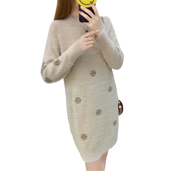 

Autumn Water Mink velvet Long Sweater Women New Fashion Half Turtleneck Embroidery knitted Sweater Women Pullover Plus size 3XL