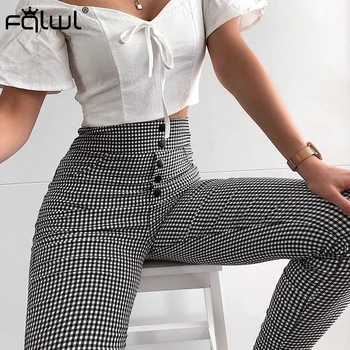 

FQLWL Vintage Skinny Casual Plaid Pants Women Ladies Trousers Button High Waist Pants Female Winter Autumn Sexy Bodycon Pants