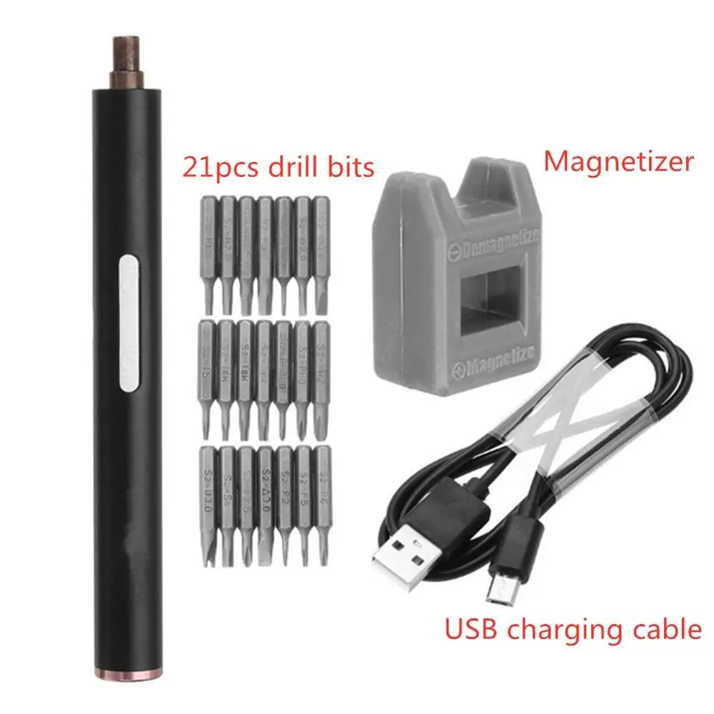 1 set black Мини электрическая отвертка Набор инструментов DIY ремонт USB перезаряжаемая портативная литиевая батарея безопасная скорость не повреждает ногти 21 шт - Цвет: 1 set black