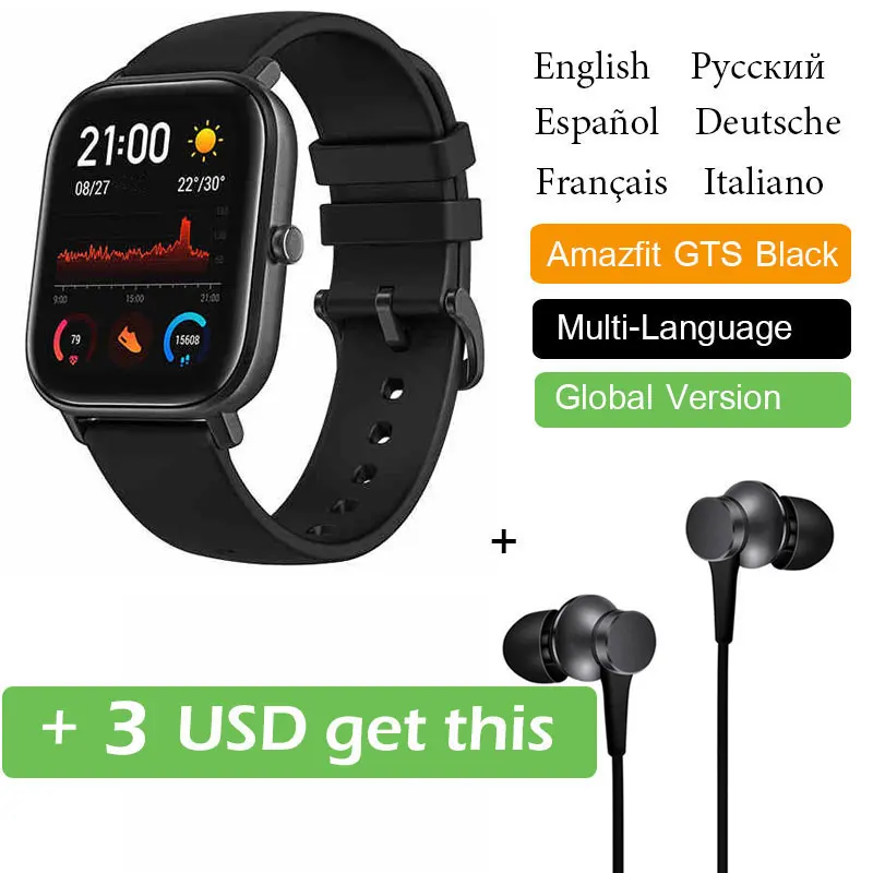 Оригинальная глобальная версия Amazfit GTS Xiaomi Huami Smartwatch gps профессиональный водонепроницаемый 12 спортивных режимов сердечного ритма Android iOS - Цвет: Add Piston Earphone