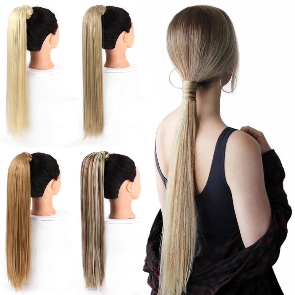 AOSIWIG 24 ''длинные прямые волосы на заколках конский хвост шиньон термостойкие синтетические натуральные накладные конский хвост для женщин