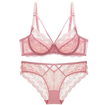 

2020 New European and American Non-Sponge Ultra-Thin Breathable See-Through Sexy Lingerie Lace Plus Size Pink Green Bra Set