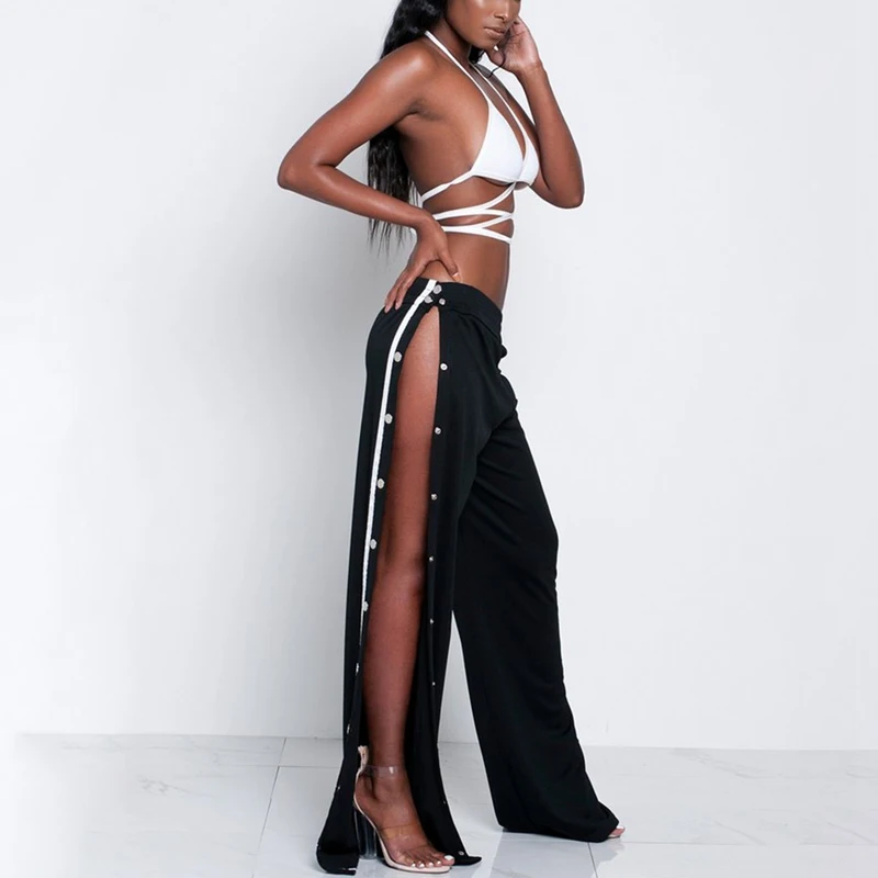 

Women's Fashion Elastic Waist Pants Summer Autumn Women's Side Open Pants Stripe Button Wide Leg Pants