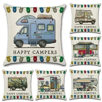 

Happy Campers Car Cushion Cover Cotton Linen Happy Campers Throw Pillow Case For Sofa Home Decorative Pillowcase Cushion Cover