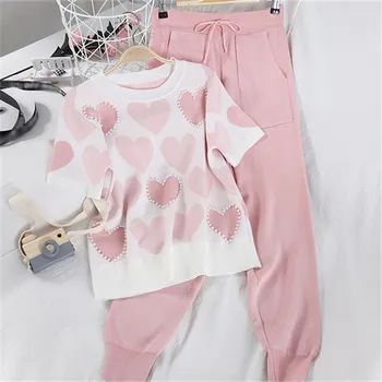 

CBAFU casual summer women knit 2 piece set beaded short sleeve knitted suit tops sashes elastic harem pants set tracksuit F353